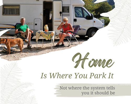 a senior couple sitting in front of a camper